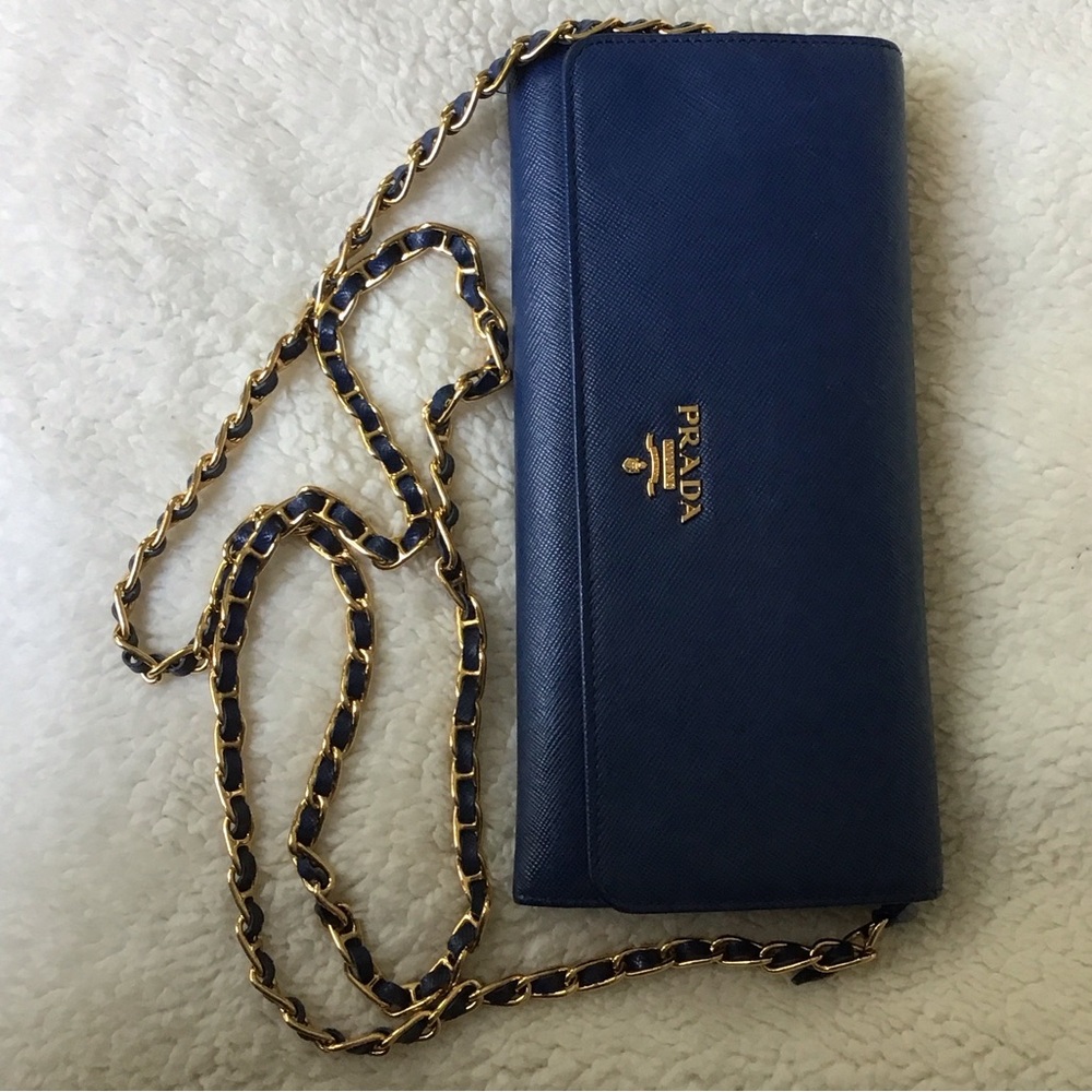 Prada Navy Leather Clutch with Gold Chain